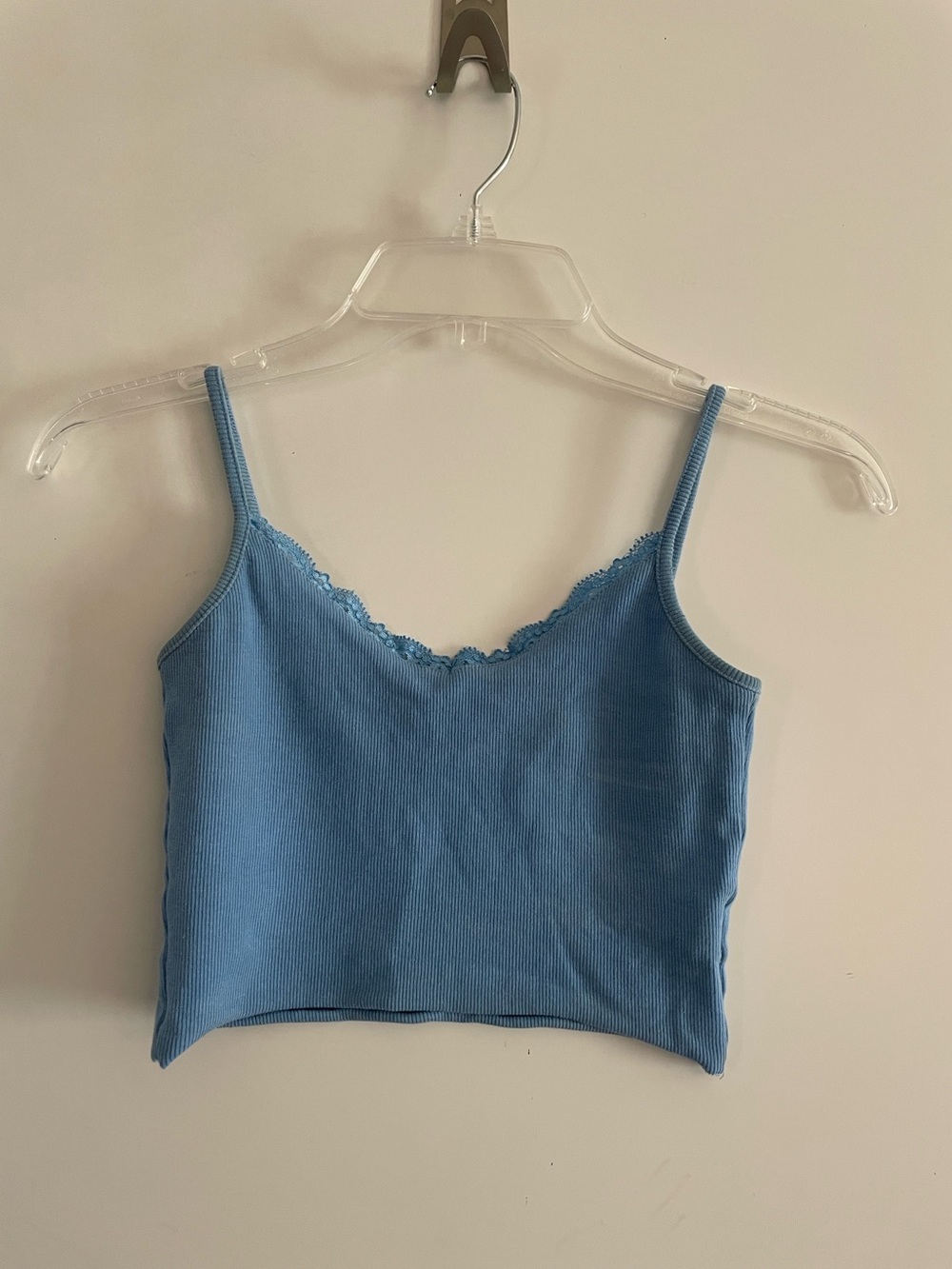 Blue Cropped Tank Top Shirt Raw cut hem